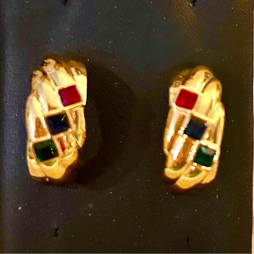 Mughal Color Stones on Gold Semi-Hoop Earrings 1990’s - Picture 7 of 8